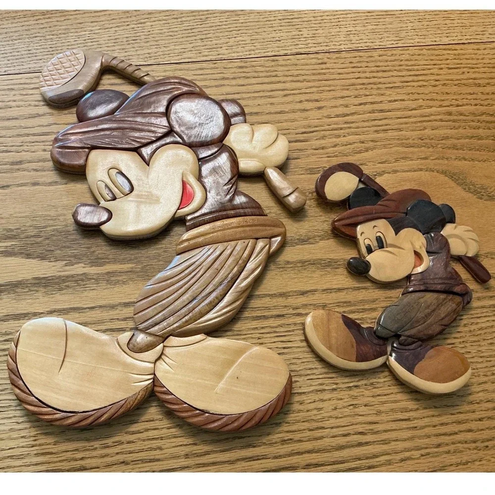 Vintage Disney Mickey Mouse Golf Intarsia Wood Wall Art Set of 2 Golfing Alaska